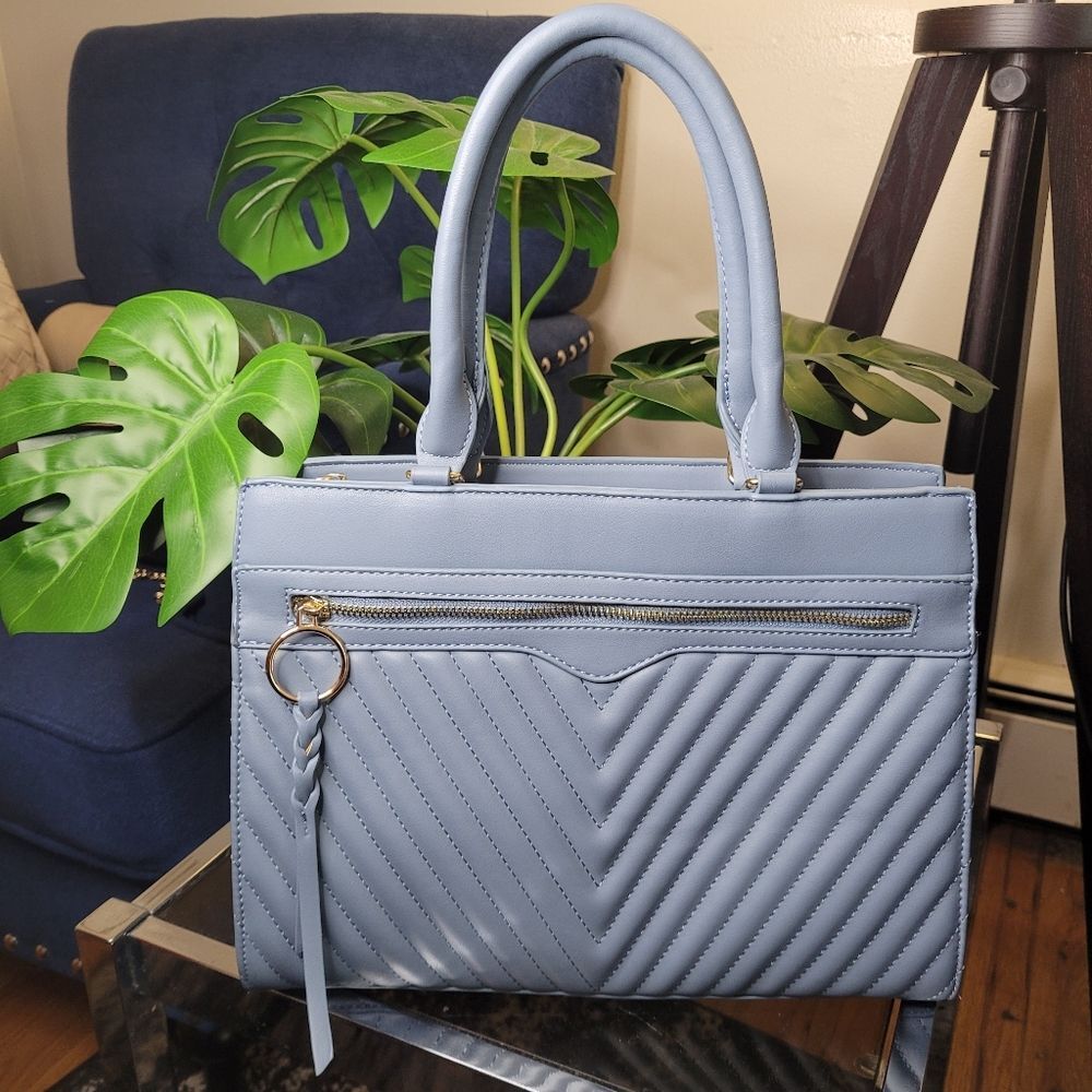 Vegan Leather Elegant Powder Blue Quilted Shoulder Bag Medium To Large In Size